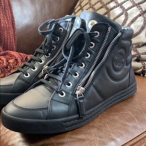 black leather Chanel high tops with pearl!